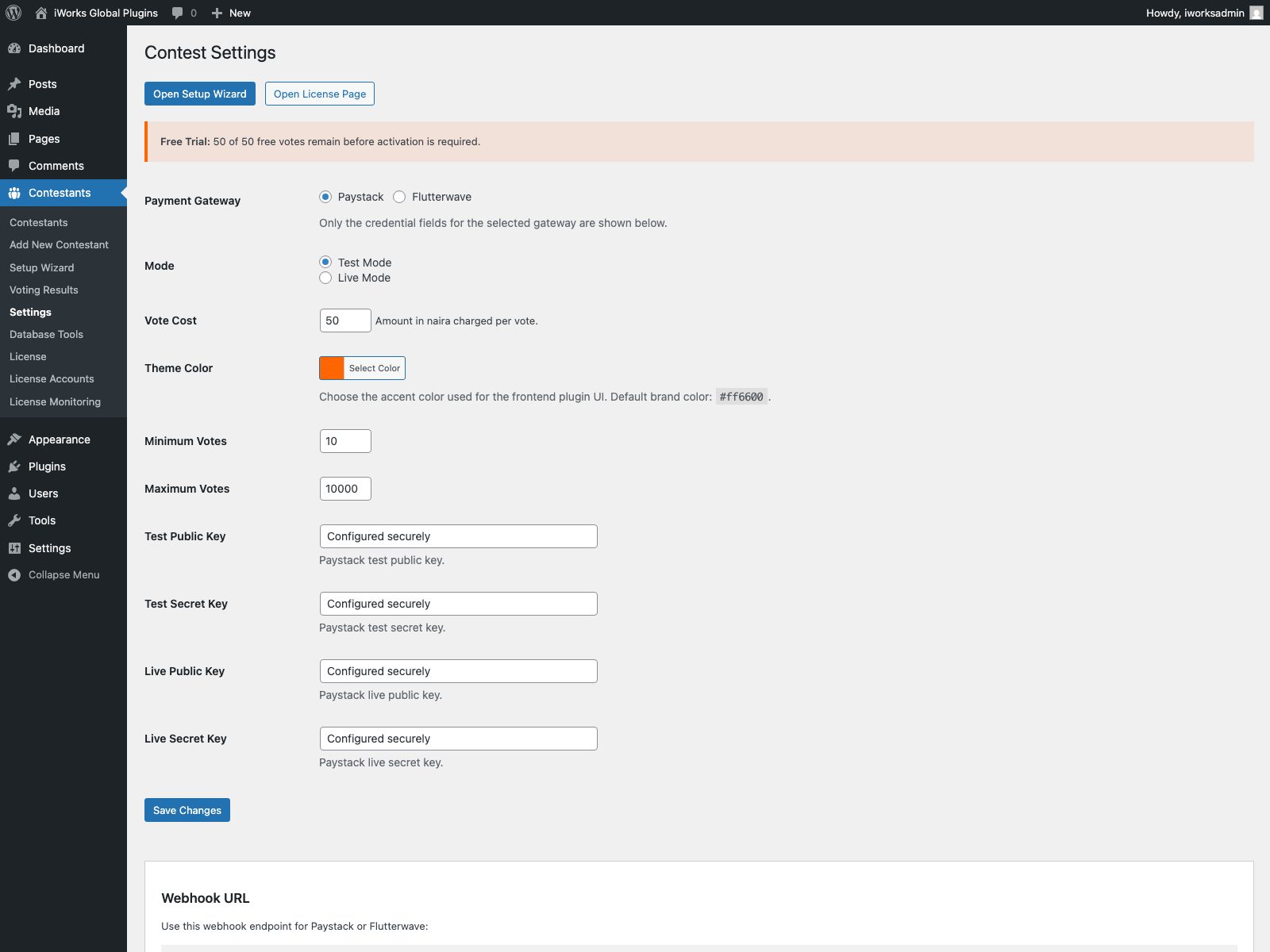 Contest Voting System configuration and payment settings