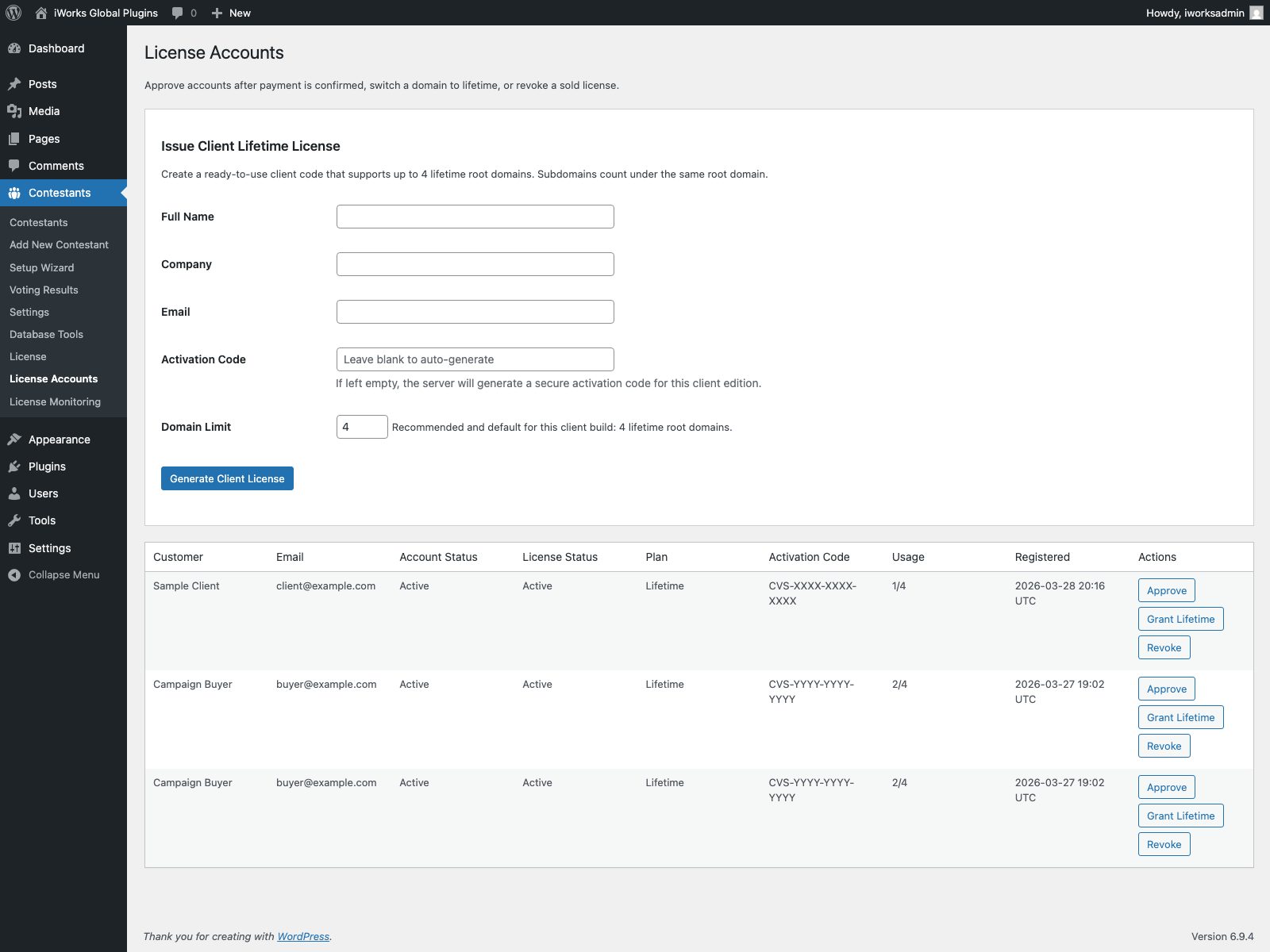 Contest Voting System license accounts screen with seller-side activation controls