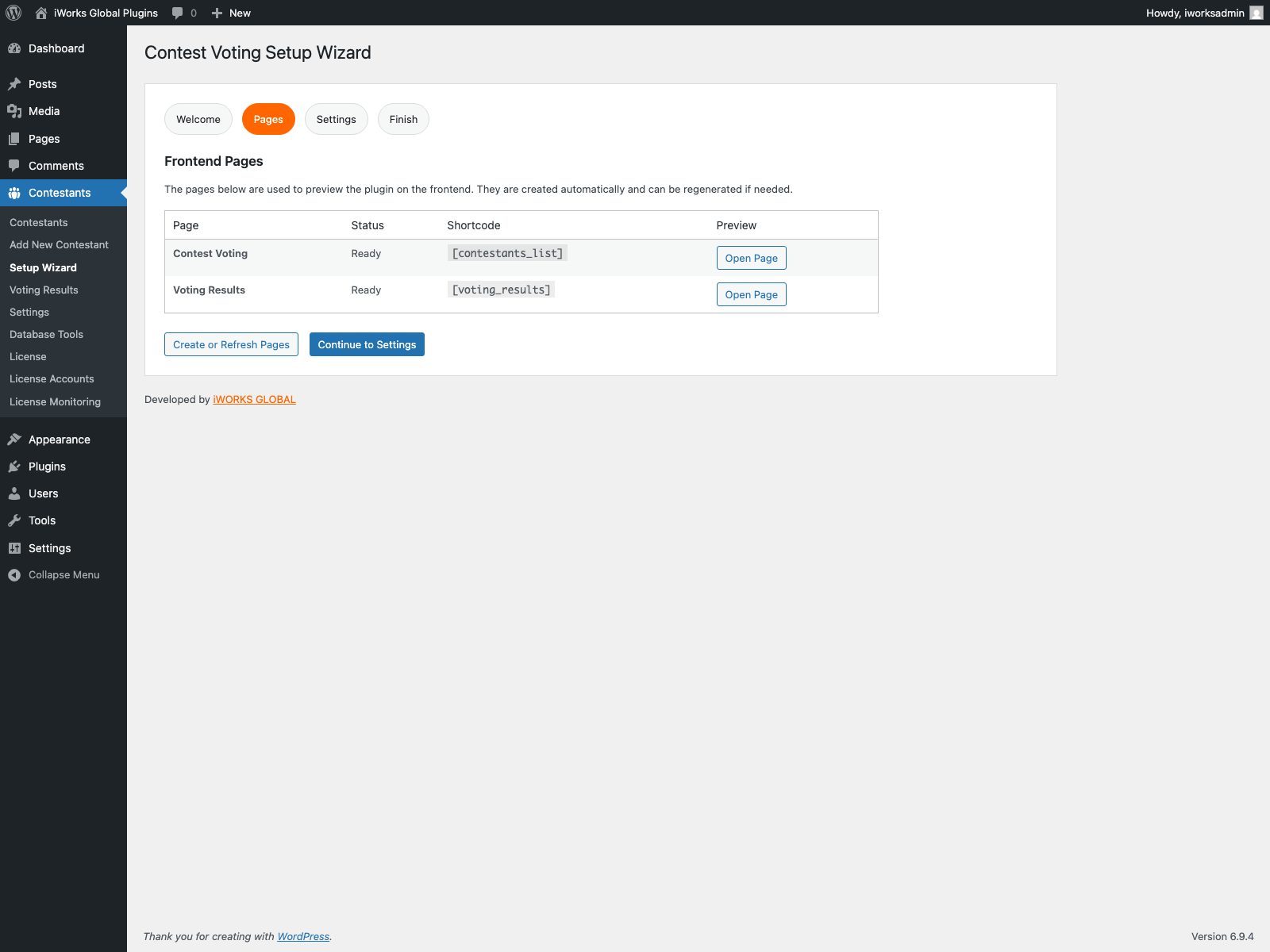 Contest Voting System setup wizard page creation screen