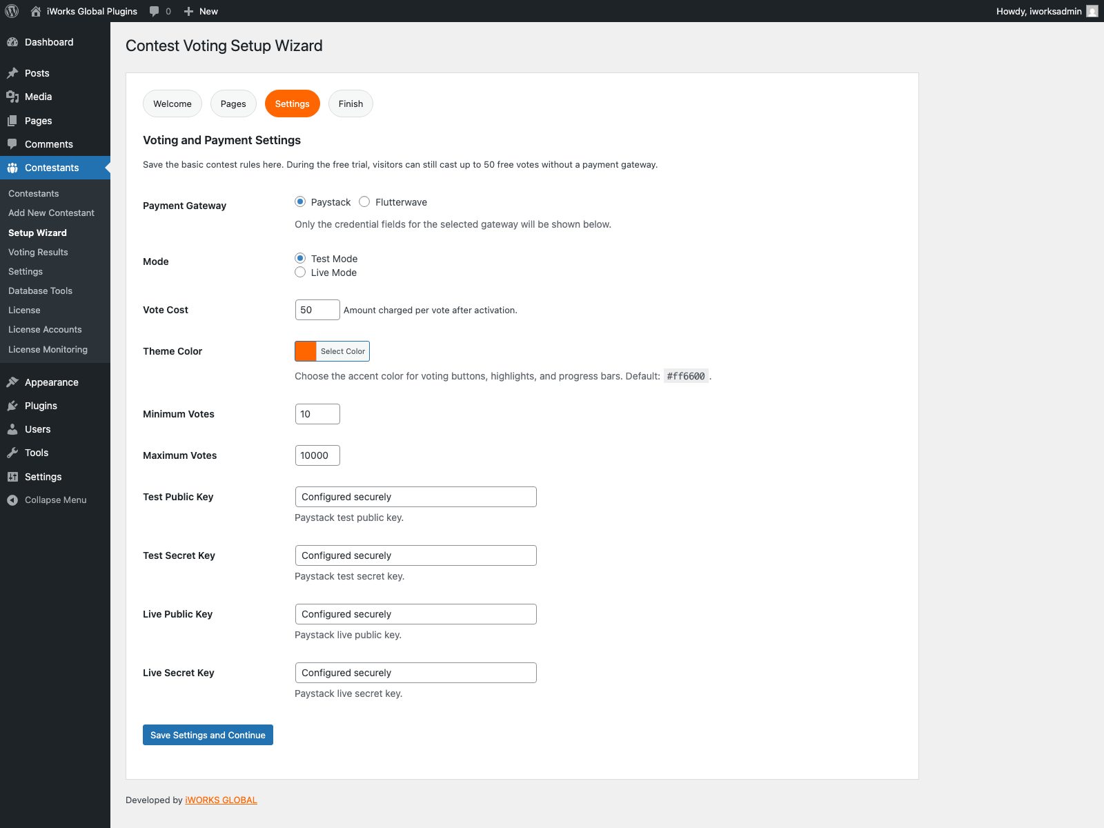 Contest Voting System setup wizard settings screen